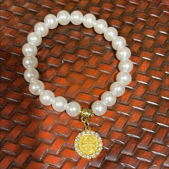 Gold St. Benedict and Atocha White Pearl Bracelet with Decorative Charm - Picture 1 of 4